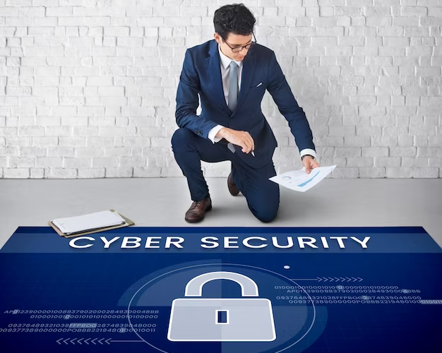 Man with paper in his hands next to banner cybersecurity whats on the floor
