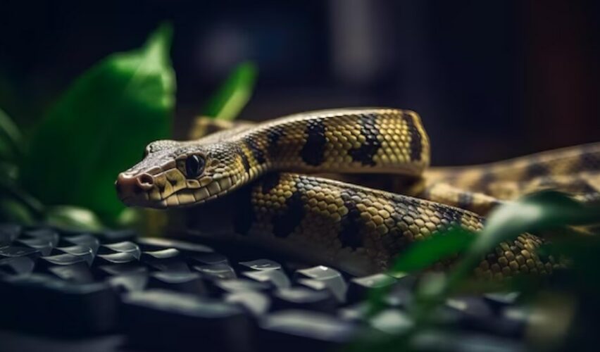 a python and a black keyboard