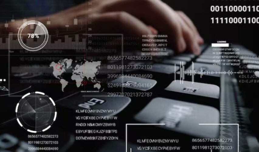 a black keyboard, figures, a map, and passwords, with hands typing in the background